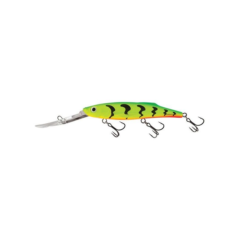 SALMO Freediver Super Deep Runner 120 12cm 24g Green Tiger lure with vibrant green and black tiger pattern, equipped with treble hooks and a long diving lip for deep water fishing.