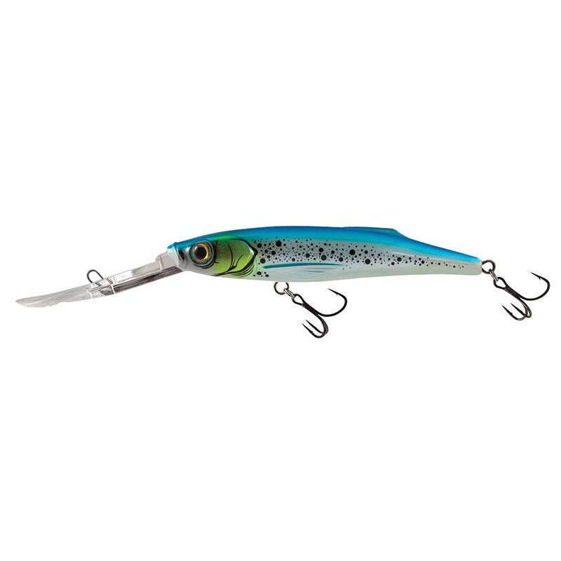 SALMO Freediver Super Deep Runner 9cm 11g Blue Parakeet fishing lure with a vibrant blue and green design, equipped with two treble hooks and a deep-diving lip for freshwater and saltwater fishing.