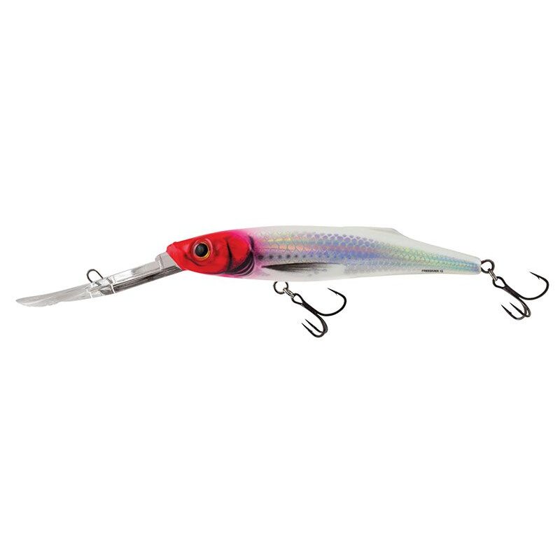 SALMO Freediver Super Deep Runner 9cm 11g Holographic Red Head lure with a vibrant red head, holographic body, and dual treble hooks designed for deep water fishing.