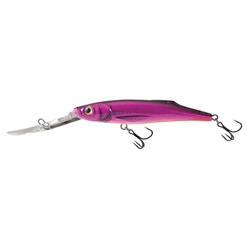 SALMO Freediver Super Deep Runner 9cm 11g Purple Rain fishing lure with a vibrant purple finish, long diving lip, and two treble hooks for deep-water fishing.