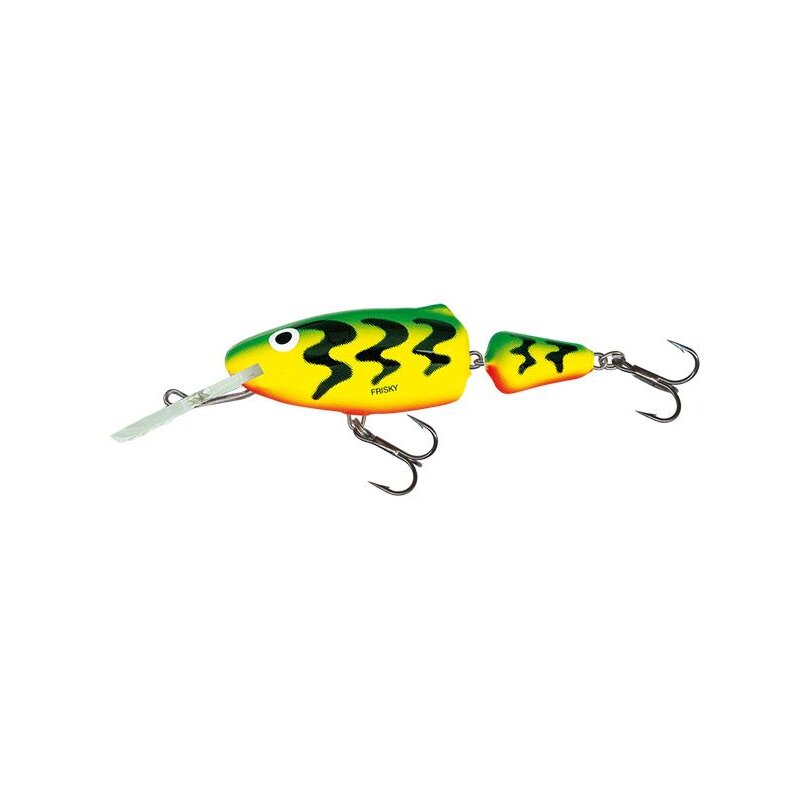 SALMO Frisky Deep Runner 7cm 7g Green Tiger lure with vibrant green and yellow tiger pattern, jointed body, and two treble hooks for fishing.