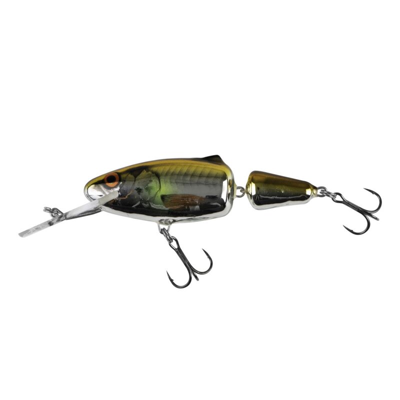 SALMO Frisky Deep Runner 7cm 7g Metallic Ayu fishing lure with jointed body, metallic green and yellow finish, and dual treble hooks.