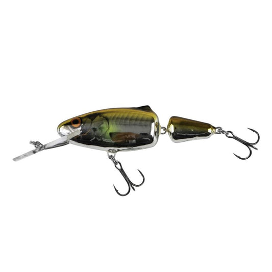 SALMO Frisky Deep Runner 7cm 7g Metallic Ayu fishing lure with jointed body, metallic green and yellow finish, and dual treble hooks.