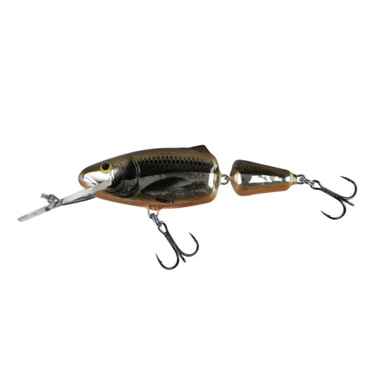 SALMO Frisky Shallow Runner 7cm 7g Hot Olive lure with a jointed body, realistic fish design, and two treble hooks for freshwater fishing.