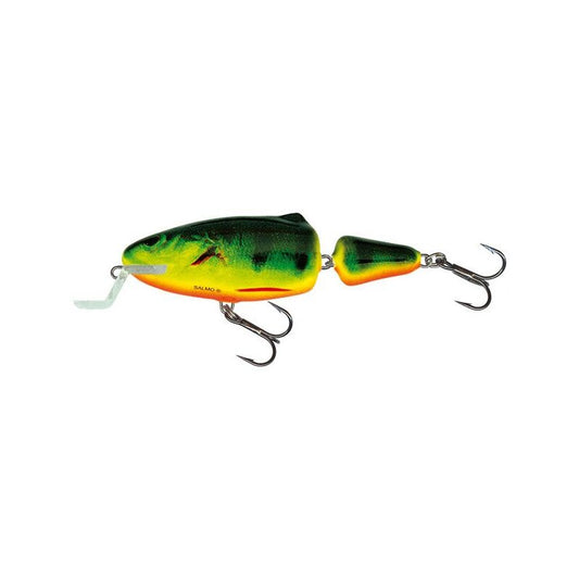 SALMO Frisky Shallow Runner 7cm 7g Real Hot Perch lure with vibrant green and orange perch pattern, jointed body, and dual treble hooks.