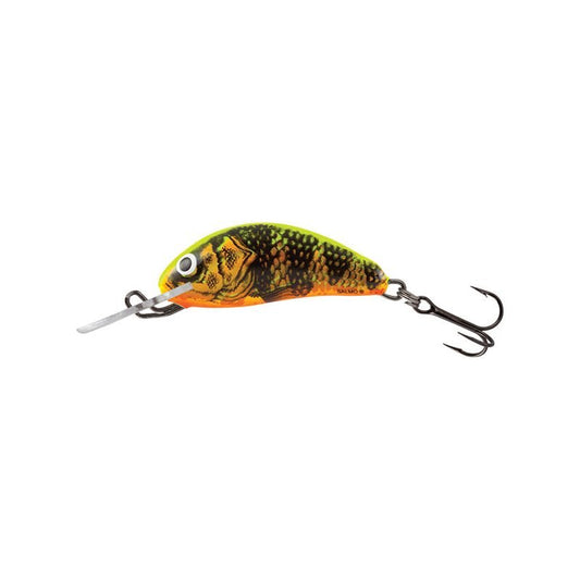 SALMO Hornet Floating Mini 3,5cm 2,2g Gold Fluo Perch lure with vibrant gold and fluorescent perch pattern, featuring a treble hook and durable design for fishing.