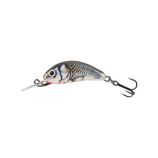 SALMO Hornet Sinking Mini 2,5cm 1,5g Holographic Grey Shiner lure with a realistic fish design, treble hook, and holographic finish for fishing.