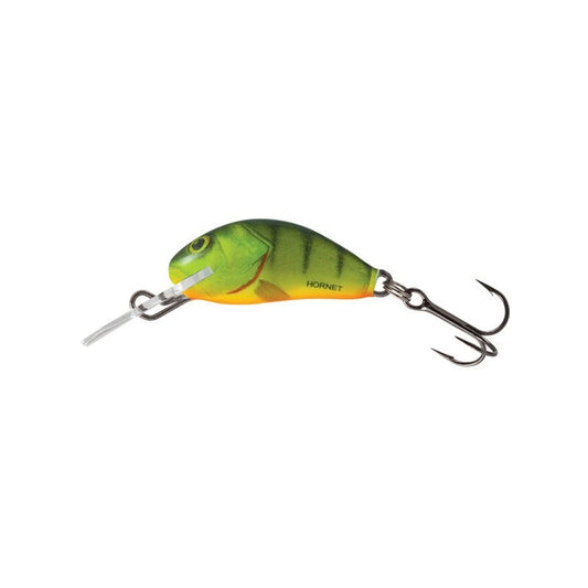 SALMO Hornet Sinking Mini 2,5cm 1,5g Hot Perch lure with vibrant green and yellow perch pattern, featuring a treble hook and diving lip.