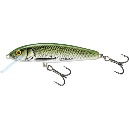 SALMO Minnow Sinking 5cm 5g Olive Bleak fishing lure with realistic fish scale pattern, olive green back, and dual treble hooks.