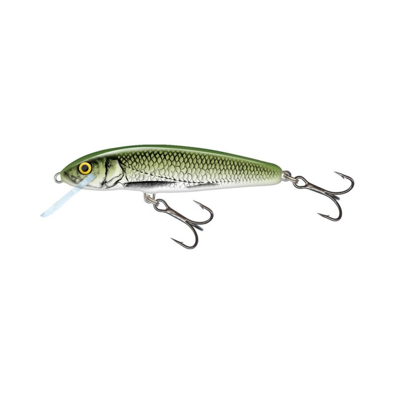 SALMO Minnow Sinking 6cm 6g Olive Bleak fishing lure with realistic fish scale pattern, olive green back, and dual treble hooks.