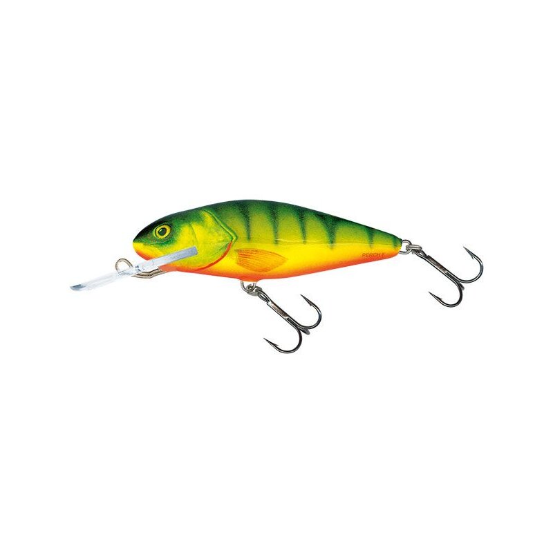 SALMO Perch Deep Runner 8cm 14g Hot Perch lure featuring vibrant green and orange colors with realistic perch patterns, equipped with two treble hooks.