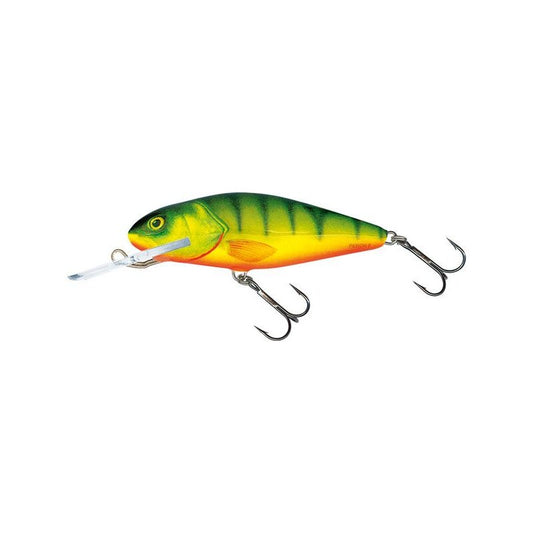 SALMO Perch Deep Runner 8cm 14g Hot Perch lure featuring vibrant green and orange colors with realistic perch patterns, equipped with two treble hooks.