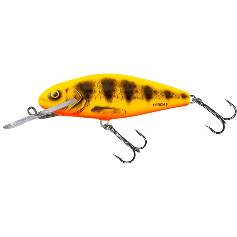 SALMO Perch Deep Runner 8cm 14g Yellow Red Tiger lure with vibrant yellow and red tiger pattern, equipped with treble hooks and a diving lip for deep water fishing.