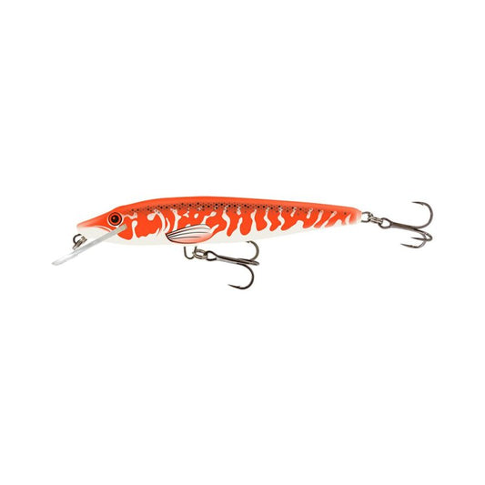 SALMO Pike Floating 9cm 9g Albino Pike lure with vibrant orange and white pattern, equipped with two treble hooks for fishing.