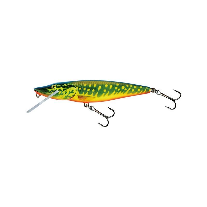 SALMO Pike Floating 9cm 9g Hot Pike lure with vibrant green and yellow pattern, dual treble hooks, and a diving lip for fishing.