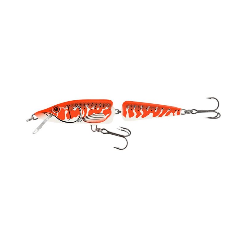 SALMO Pike Jointed Deep Runner 13cm 24g Albino Pike fishing lure with vibrant orange and white pattern, featuring two treble hooks and a jointed body for enhanced movement.