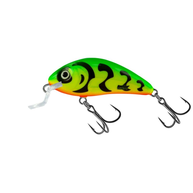 SALMO Rattlin Hornet Shallow 3,5cm 3g Green Tiger fishing lure with vibrant green and yellow tiger pattern, dual treble hooks, and a shallow diving lip.