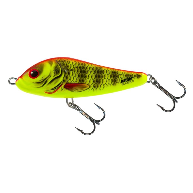 SALMO Rattlin Slider Sinking 8cm 20g Bright Perch lure with vibrant yellow and green scales, red accents, and dual treble hooks for fishing.