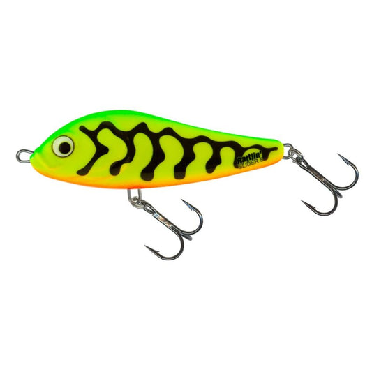 SALMO Rattlin Slider Sinking 8cm 20g Green Tiger lure with vibrant green and yellow body, black tiger stripes, and dual treble hooks.