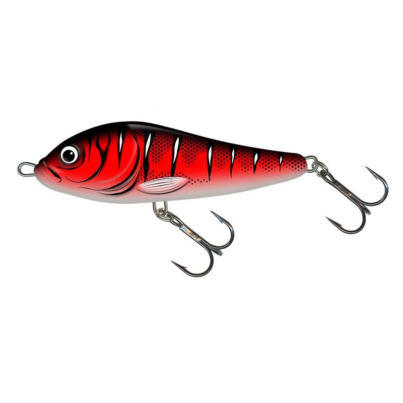 SALMO Rattlin Slider Sinking 8cm 20g Red Wake lure with vibrant red and black striped design, equipped with two treble hooks for fishing.