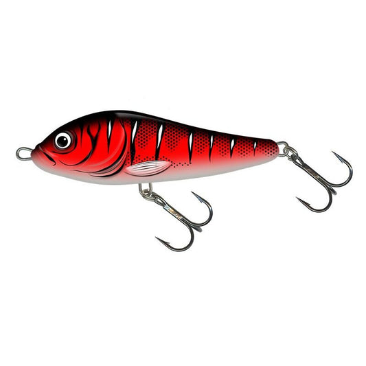 SALMO Rattlin Slider Sinking 8cm 20g Red Wake lure with vibrant red and black striped design, equipped with two treble hooks for fishing.