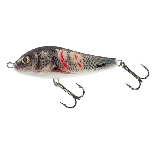 SALMO Rattlin Slider Sinking 8cm 20g Supernatural Wounded Dace lure featuring realistic fish design with red wound details and dual treble hooks.