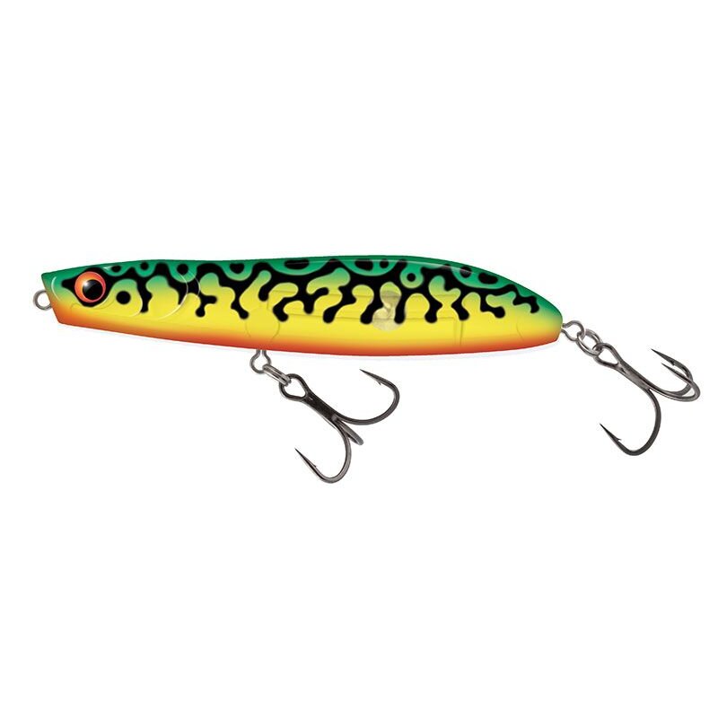 SALMO Rattlin Stick Floating 11cm 21g Clear Green Tiger lure with vibrant green and yellow tiger pattern, equipped with two treble hooks.