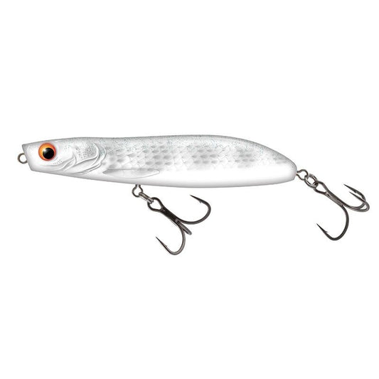 SALMO Rattlin Stick Floating 11cm 21g Lucky Bone lure with a white fish-like design, red eyes, and two treble hooks for fishing.