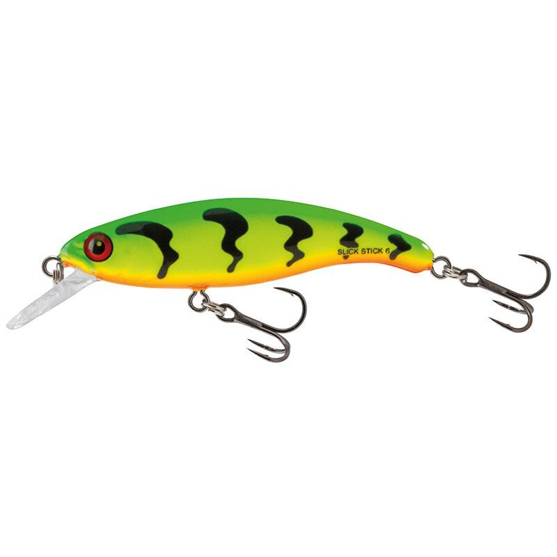 SALMO Slick Stick 6cm 3g Green Tiger fishing lure featuring a vibrant green and yellow body with black tiger stripes and dual treble hooks.