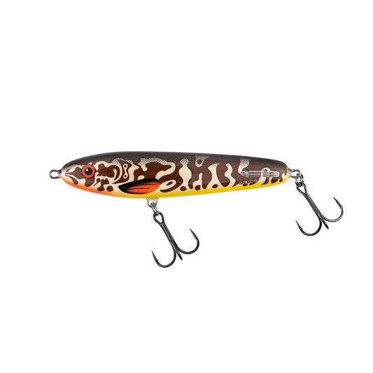 SALMO Sweeper 12S 12cm 34g Barred Muskie lure featuring a detailed barred pattern, dual treble hooks, and a sleek design for effective fishing.