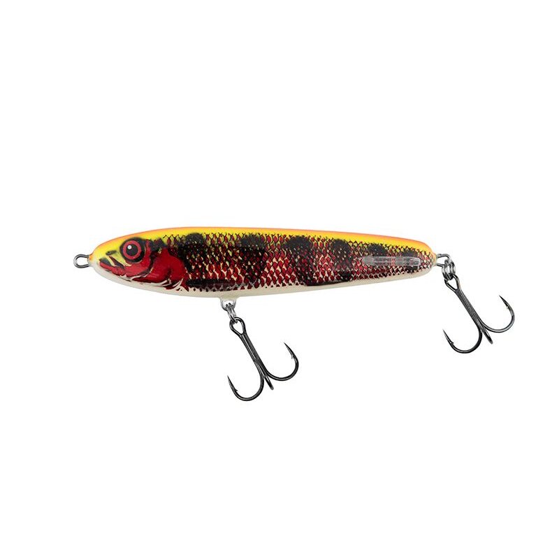 SALMO Sweeper 17S 17cm 97g Holo Red Perch fishing lure with vibrant red and yellow perch pattern, equipped with two treble hooks.