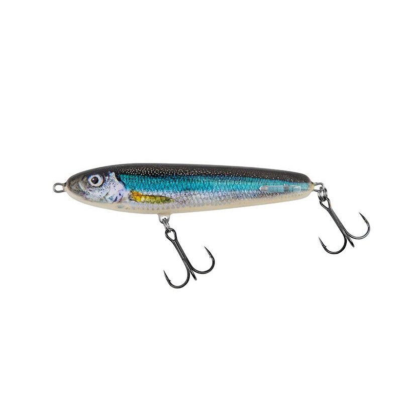 SALMO Sweeper 17S 17cm 97g Holo Smelt fishing lure with a realistic smelt design, featuring two treble hooks and a sleek body for predator fishing.