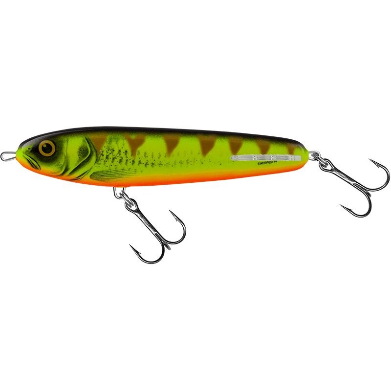 SALMO Sweeper Sinking 14cm 50g Mat Tiger lure with vibrant green and orange tiger pattern, equipped with two treble hooks for fishing.