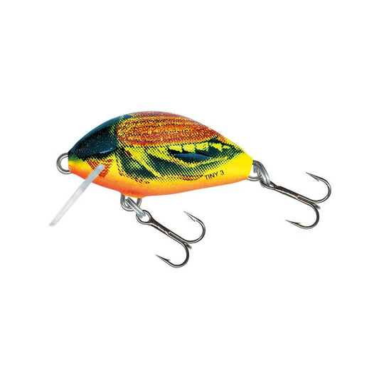 SALMO Tiny Floating 3cm 2g Hot Chockchafer fishing lure with vibrant yellow, orange, and green design, featuring two treble hooks and a small diving lip.