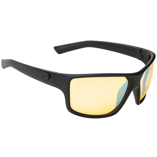 STRIKE KING S11 Optics Clinch sunglasses with a matte black frame and yellow silver mirror lenses, designed for style and UV protection.