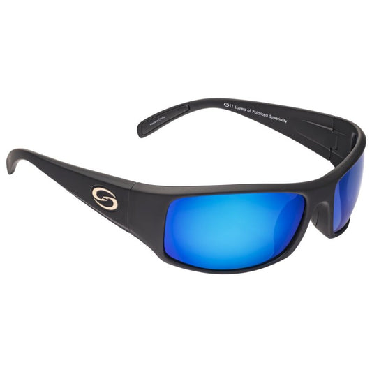 STRIKE KING S11 Optics Okeechobee sunglasses with matte black frame, white blue mirror lenses, and gray base for polarized protection.