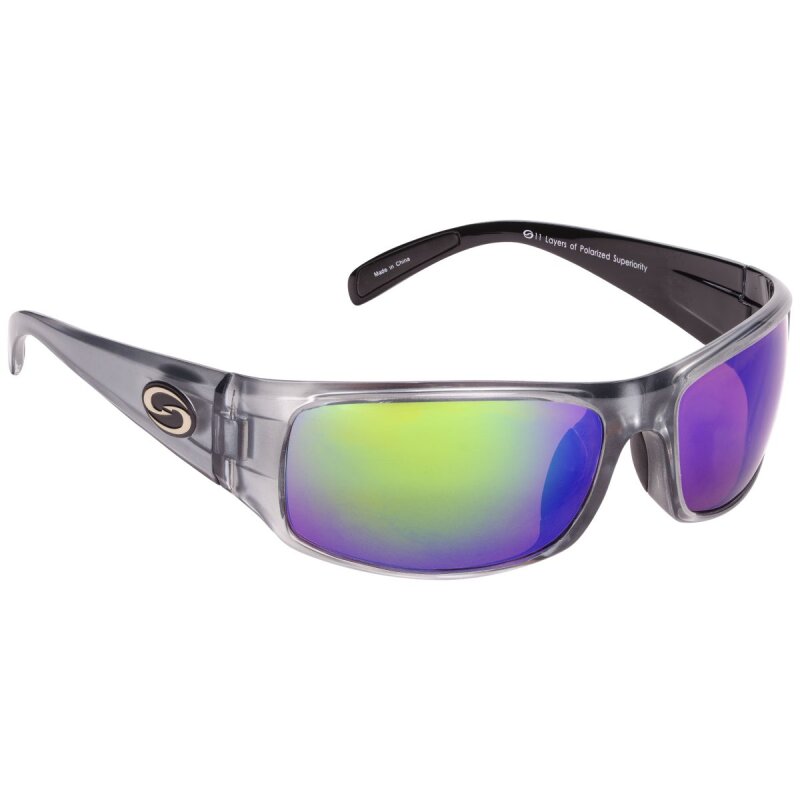 STRIKE KING S11 Optics sunglasses with Okeechobee shiny clear gray metallic black two-tone frame and green mirror amber base lens.