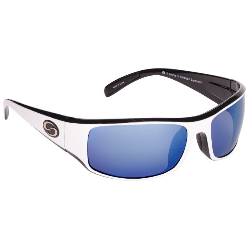 STRIKE KING S11 Optics sunglasses with a shiny white and black two-tone frame, featuring white blue mirror lenses with a gray base.