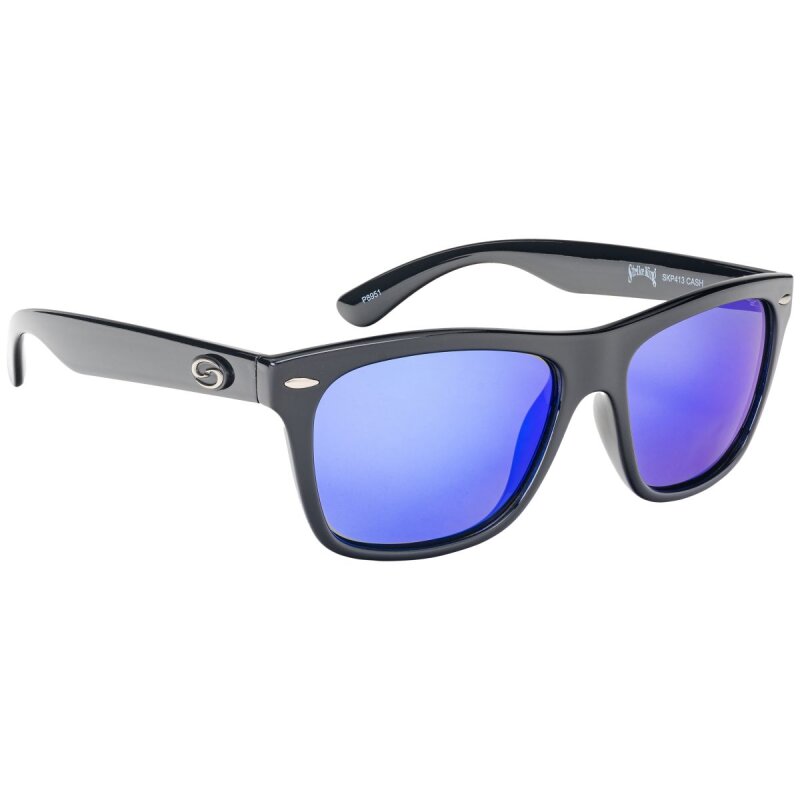 STRIKE KING SK Plus Cash sunglasses with shiny black frame and white blue mirror gray base lenses, ideal for outdoor activities.