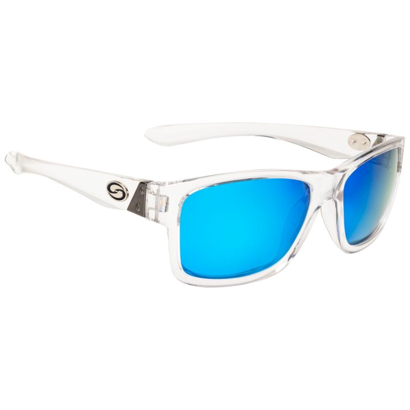 STRIKE KING SK Plus Platte Crys Frame Blue Mirror sunglasses featuring a transparent crystal frame and vibrant blue mirrored lenses.